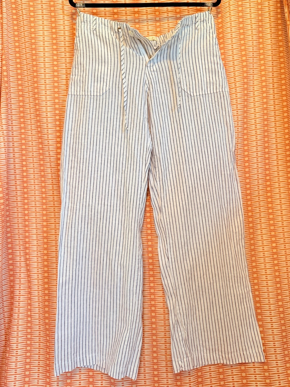 Just Living Women's White Pants with Navy Pinstripes - Straight Leg L